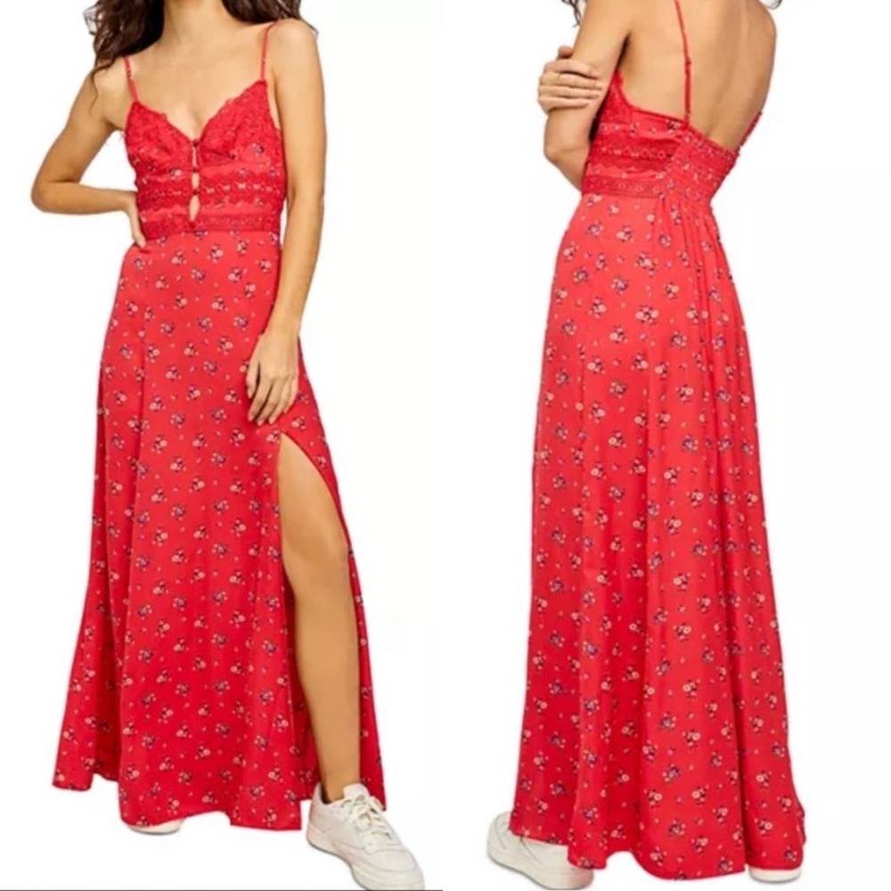 Free People Red Floral Maxi Dress with Lace Bodice